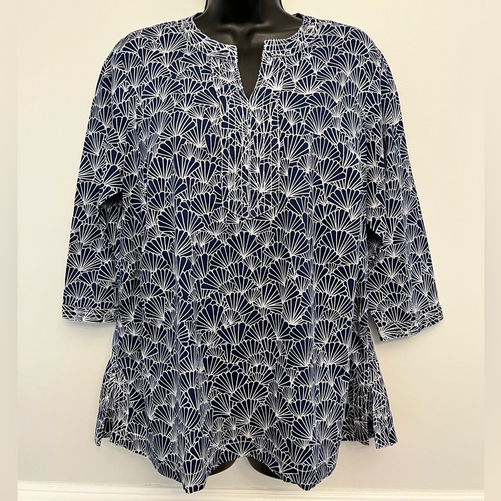 Talbots Navy and White Fan Print Cotton Tunic, Size XP (Size 14-16 Petite)